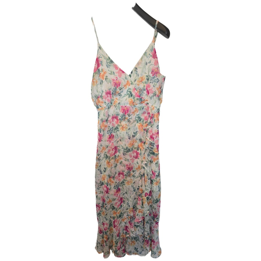 En Creme Floral V-Neck Ruffle Midi Dress Pink Orange Green Watercolor flirty M